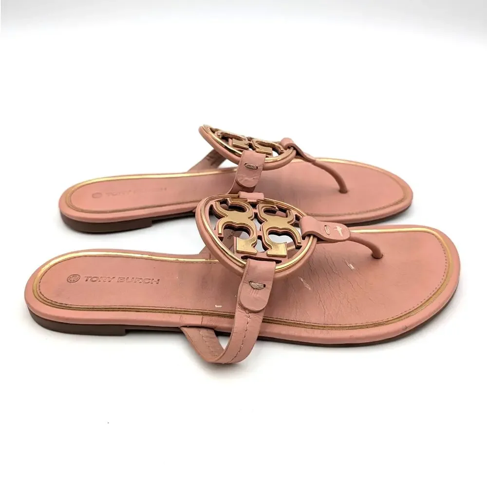 Tory Burch Miller Soft Metal Logo Thong Sandal Light Sand Size US9M EU39.5